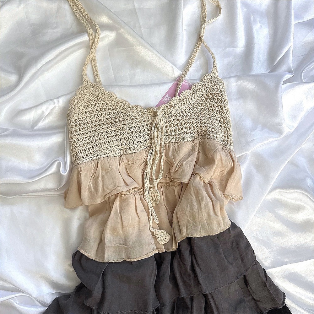 Sugar & Spice Womens Crochet Tiered Ruffle Mini Dress Boho Neutral Color Block L
